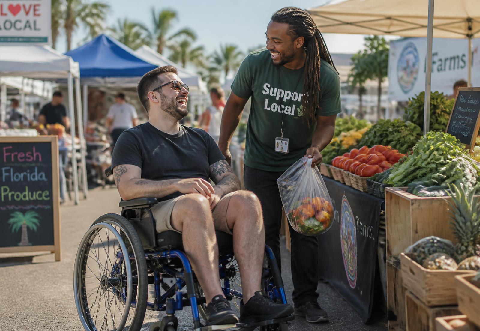 A support professional assisting a young adult who uses a wheelchair during a community outing.