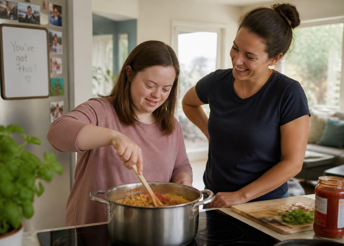 A young adult preparing a meal in her own kitchen with encouragement from her support coach.